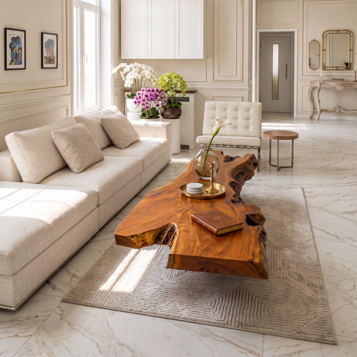 Organic Wooden Coffee Table With Raised Natural Grain For Living Room