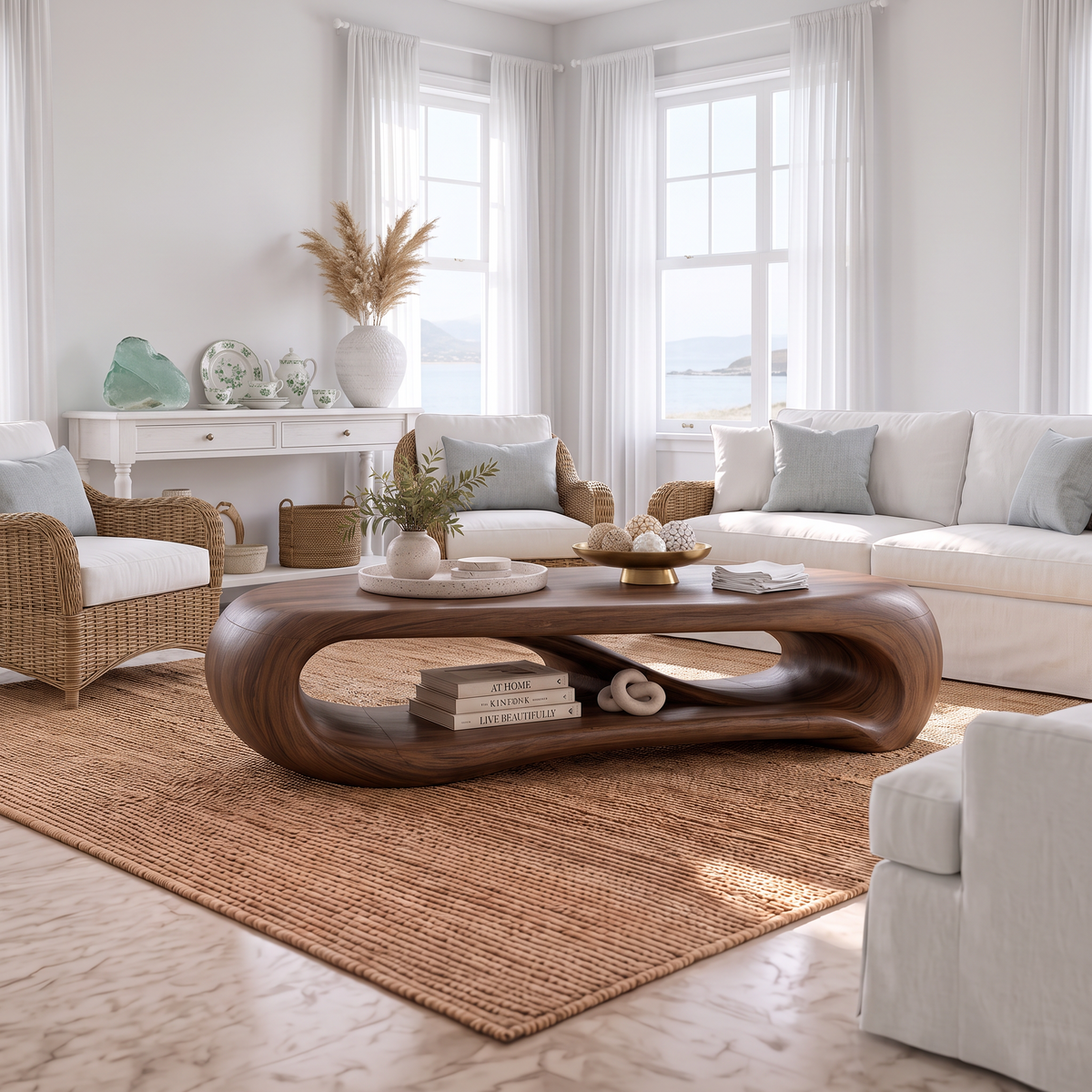 Modern Walnut Coffee Table With Soft Rounded Ends For Living Room