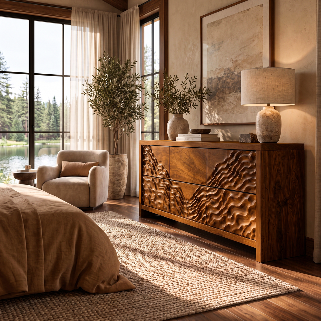 Modern Wide Wooden 6 Drawer Dresser For Bedroom Storage