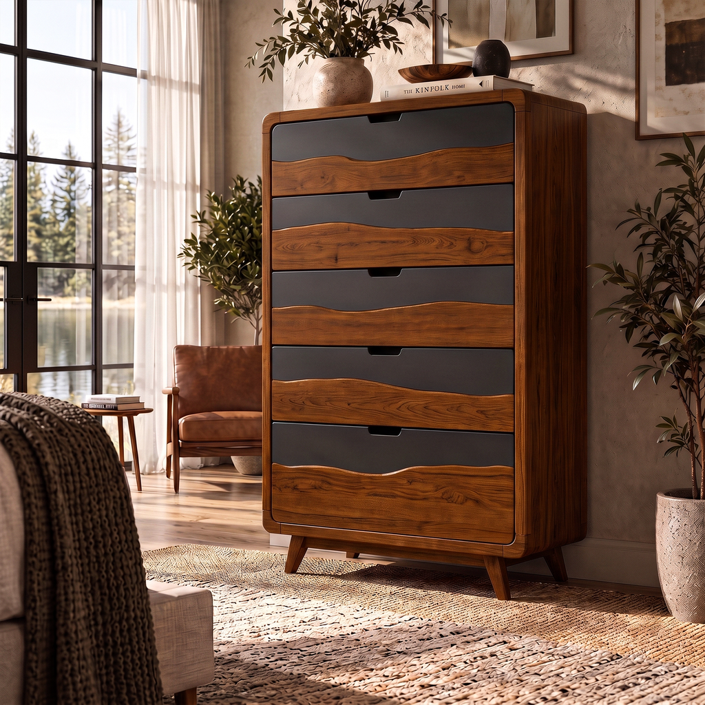 Rustic Tall Wooden 5 Drawer Dresser For Modern Farmhouse Bedroom