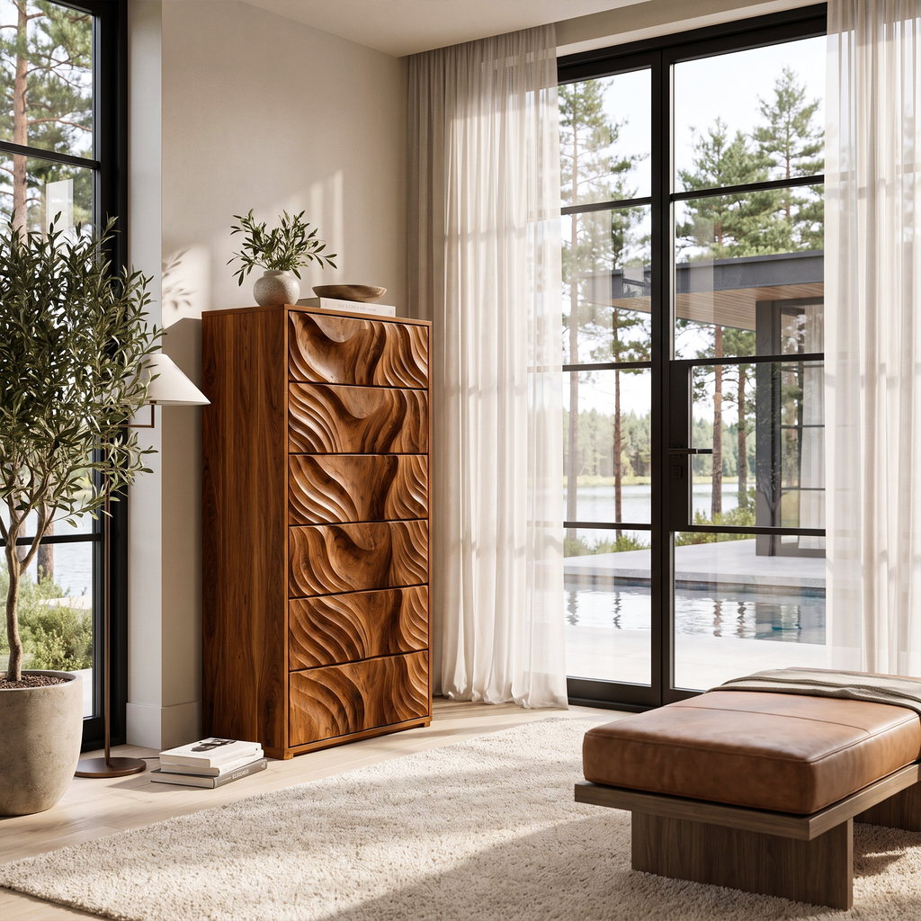 OrganicTall Dresser With Ripple Carved Drawer Fronts For Bedroom