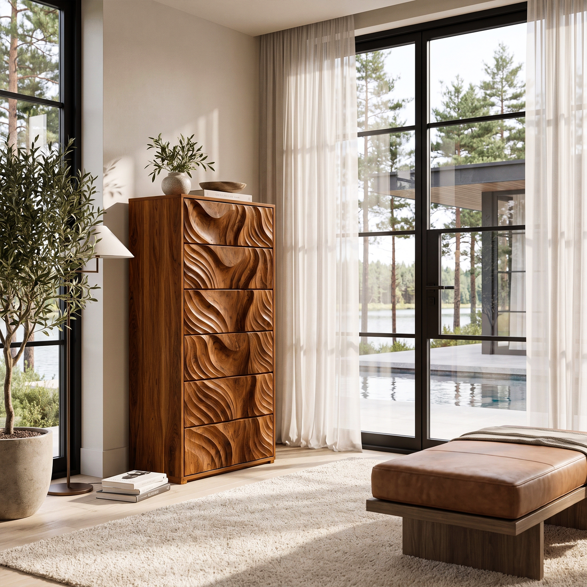OrganicTall Dresser With Ripple Carved Drawer Fronts For Bedroom