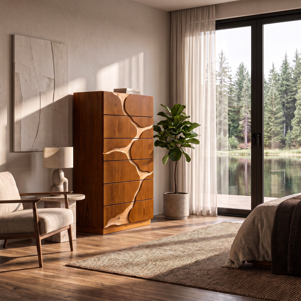 Contemporary Wooden Dresser With Two Tone Carved Panels For Bedroom