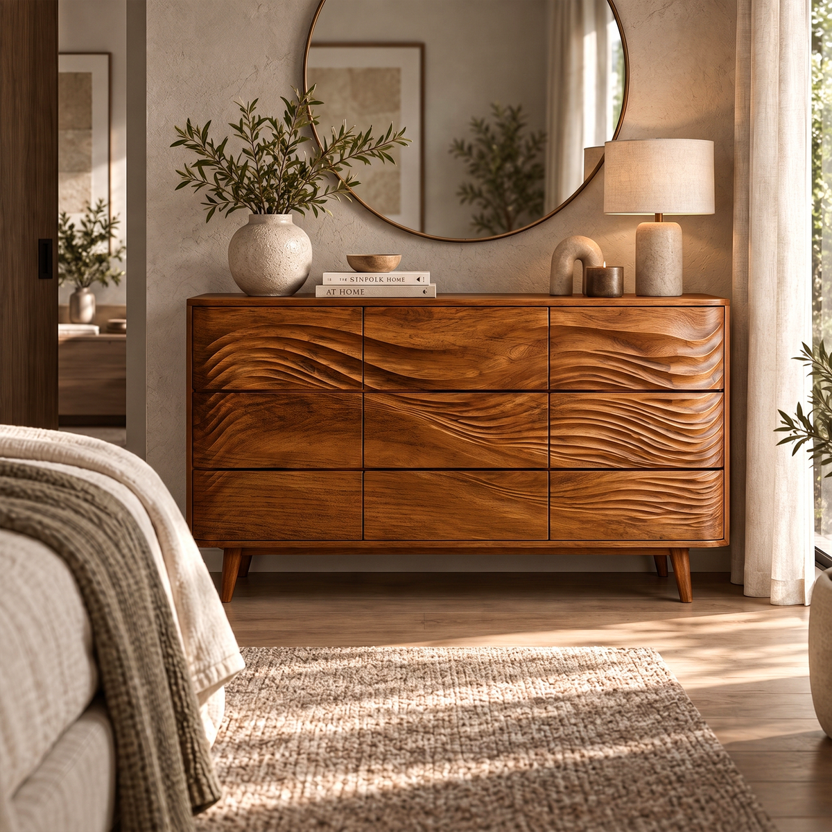 Mid Century Chest Dresser With Stacked Drawer Storage For Bedroom