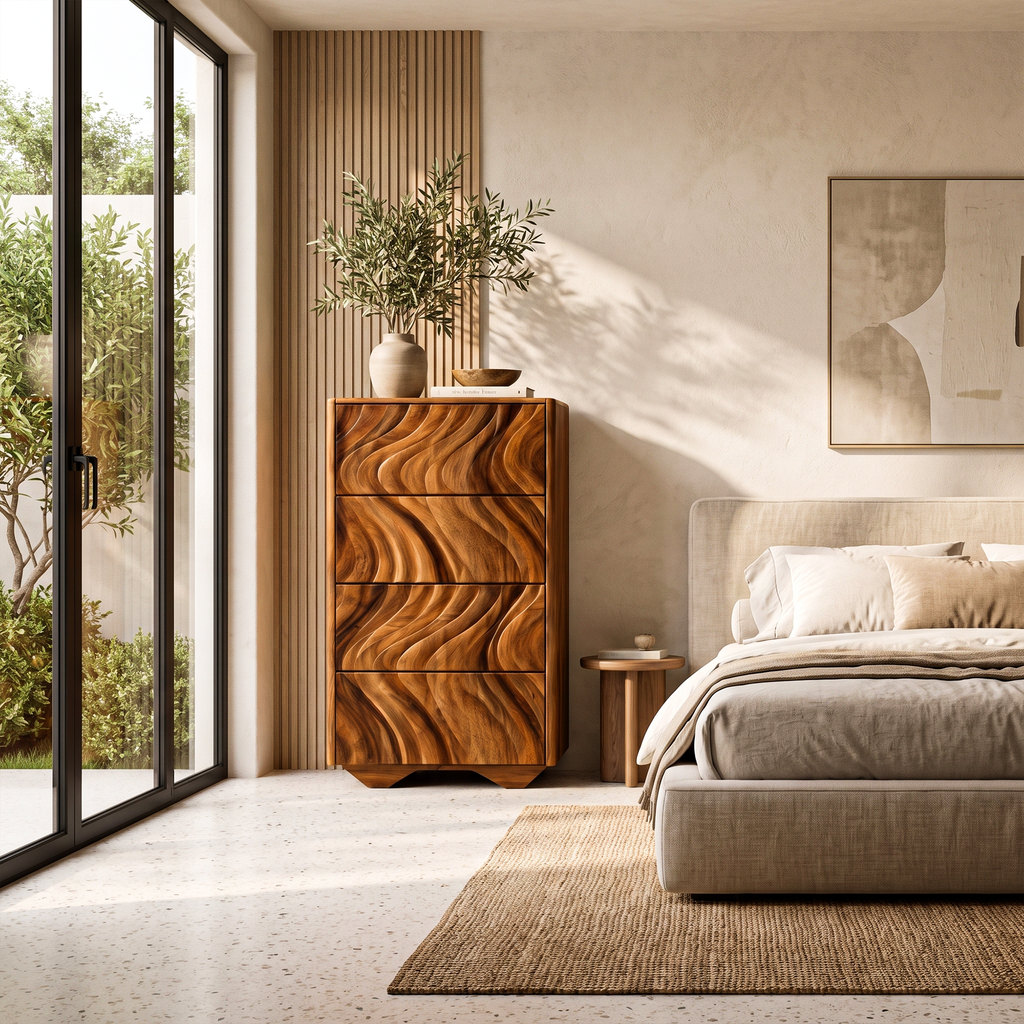 Modern Tall Dresser With Vertical Wave Carving For Bedroom