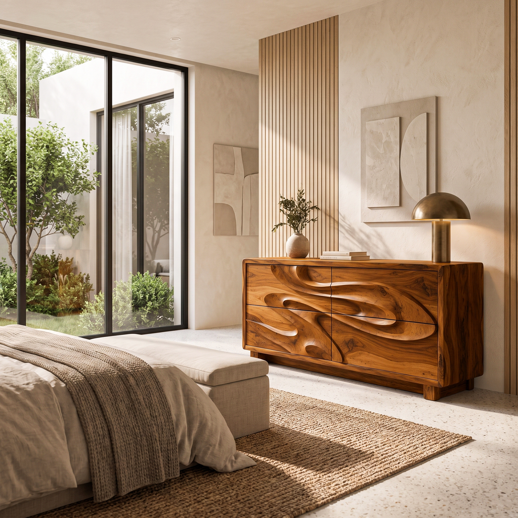 Organic Chest Dresser With Undulating Carved Front For Bedroom