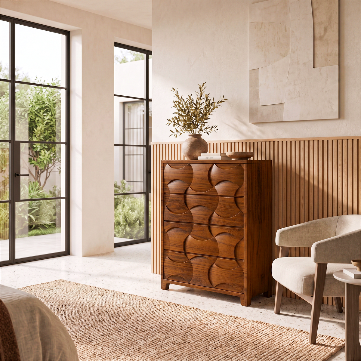 Rustic Wooden Dresser With Textured Wood Grain Front For Bedroom