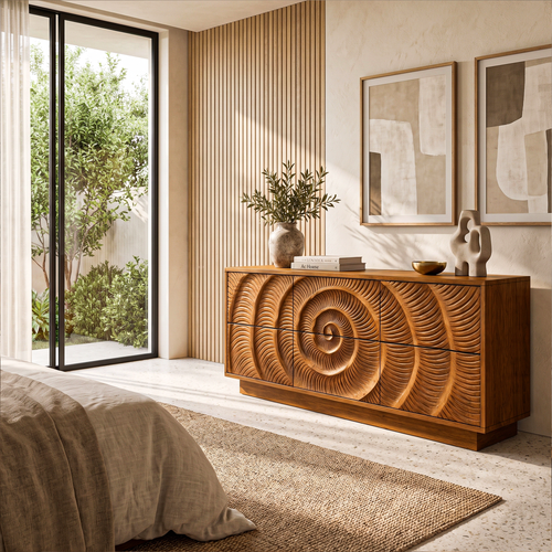 Contemporary Chest Dresser With Layered Circle Pattern For Bedroom