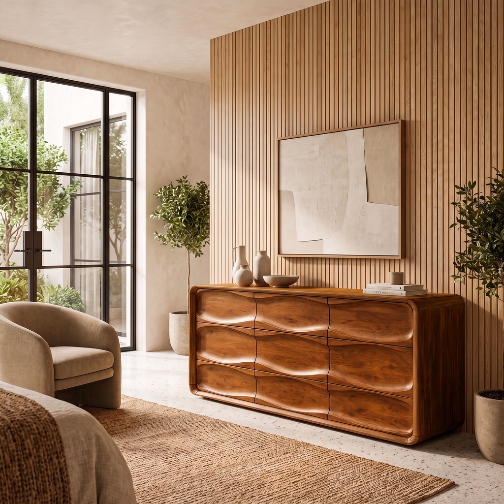 Contemporary Bedroom Dresser With Embossed Grain Front And Curved Corners