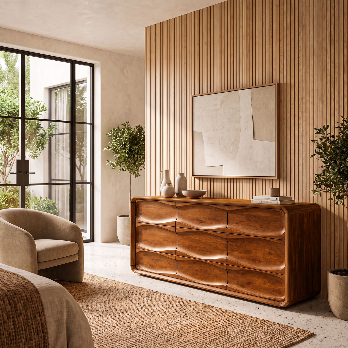 Contemporary Bedroom Dresser With Embossed Grain Front And Curved Corners