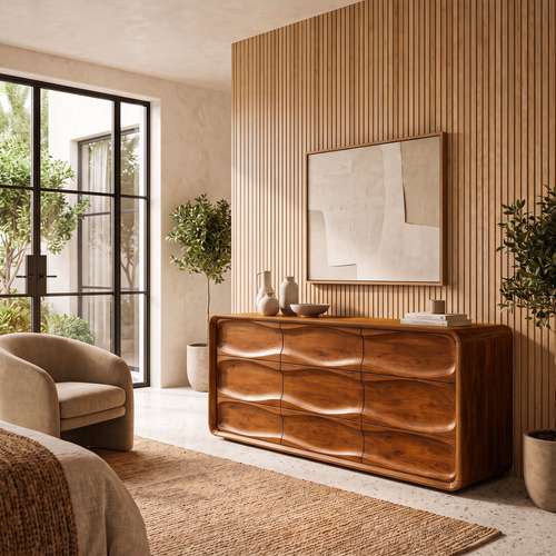 Contemporary Bedroom Dresser With Embossed Grain Front And Curved Corners