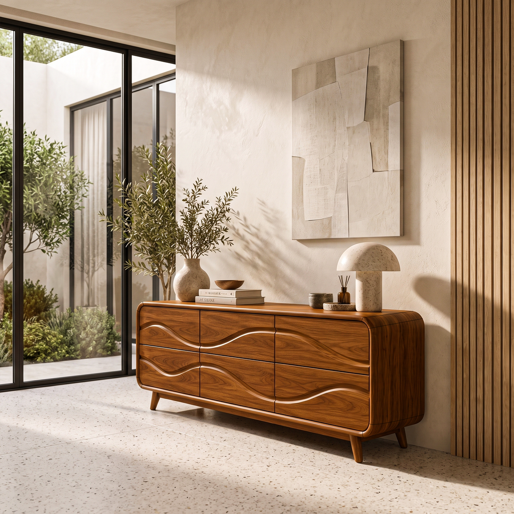 Contemporary Low Dresser With Embossed Grain Front And Curved Corners For Bedroom
