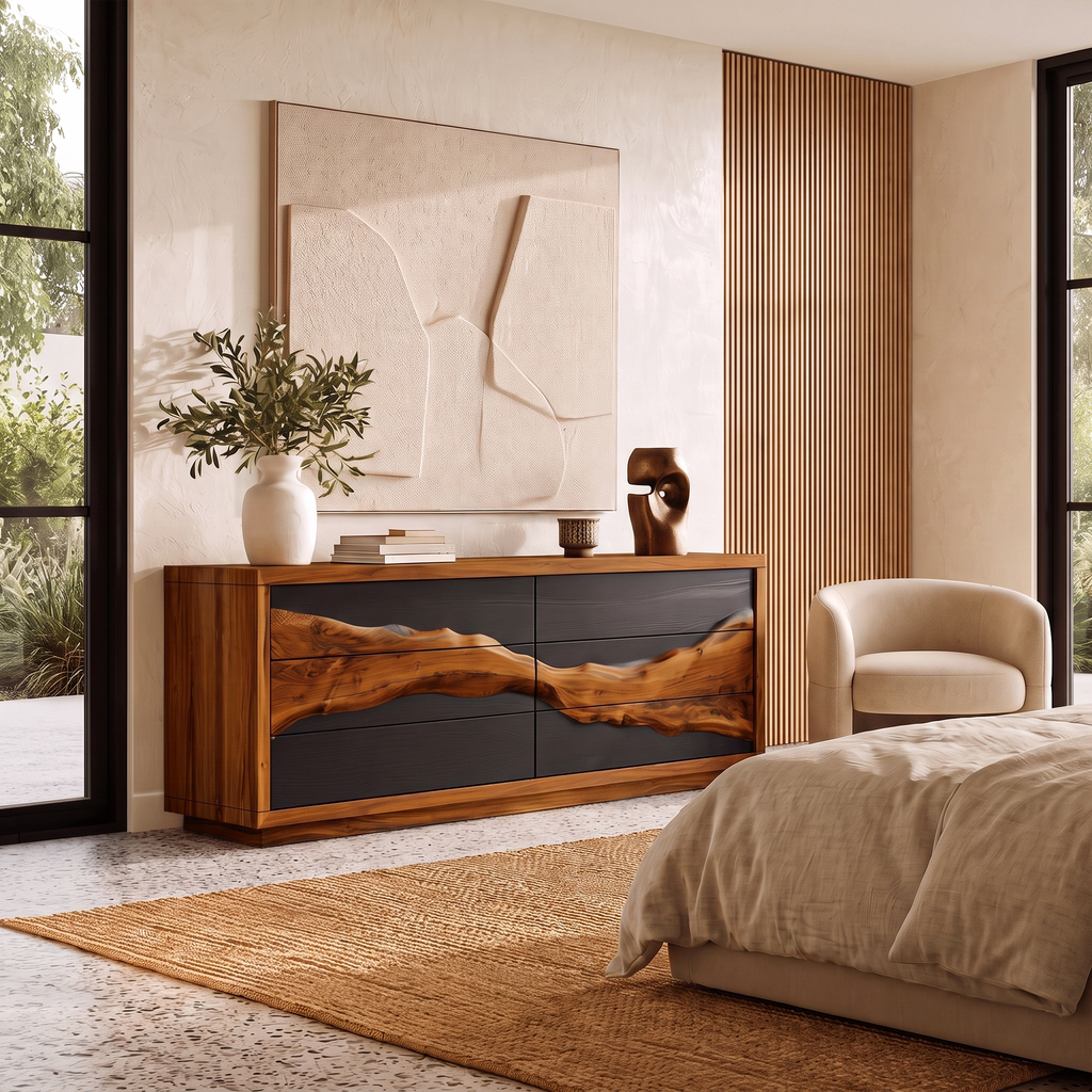 Modern Black Dresser With Contrasting Natural Wood Grain Front For Bedroom