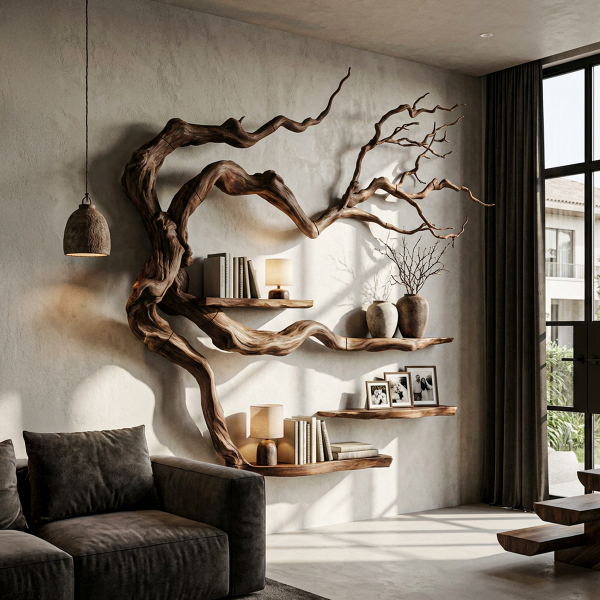 Rustic Tree Bookshelf With Natural Branch Form For Reading Room