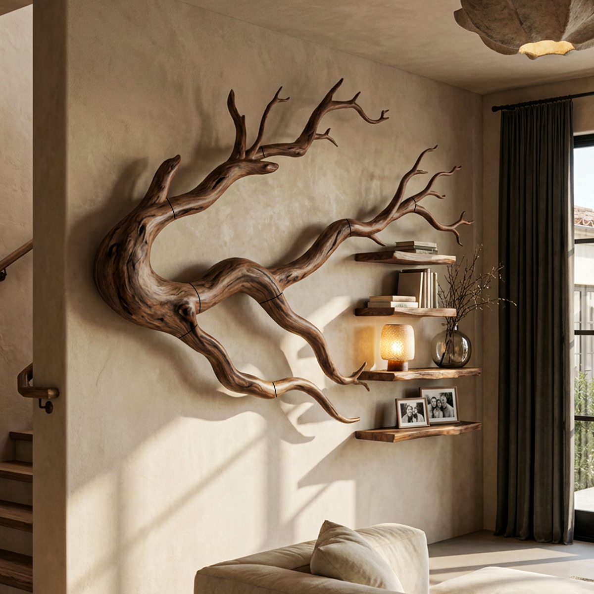 Organic Tree Bookcase With Flowing Wall Mounted Branches For Living Room