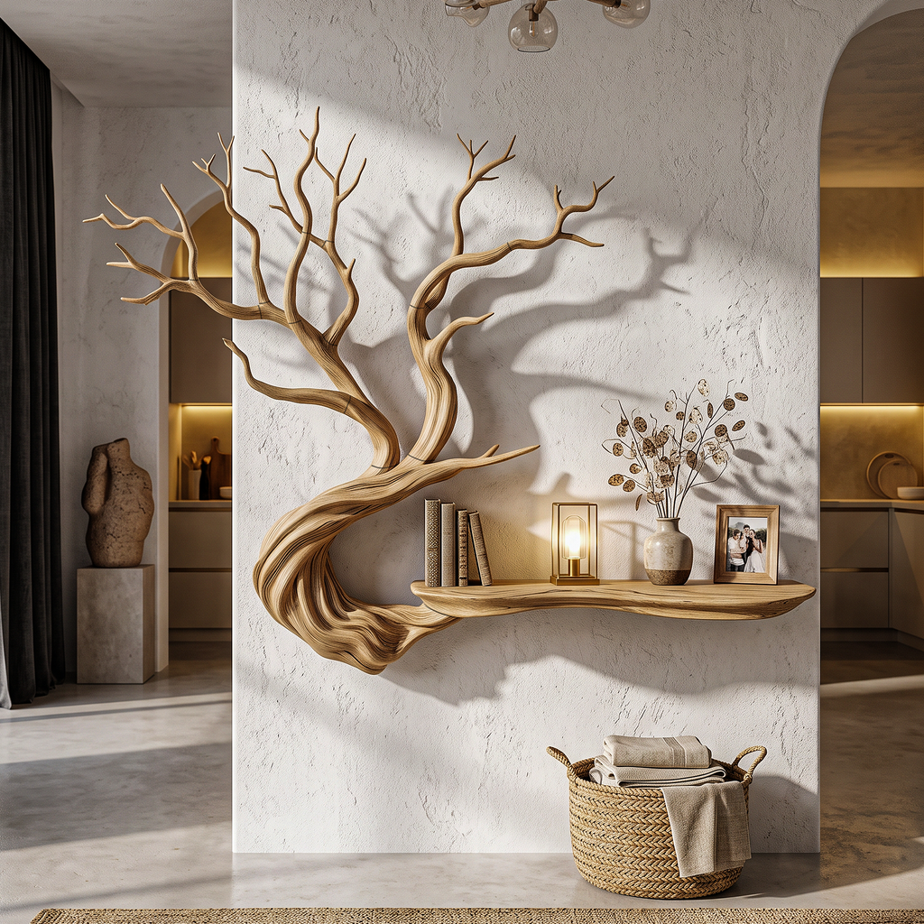 Rustic Tree Bookshelf With Wall Mounted Branch Shelves For Living Room