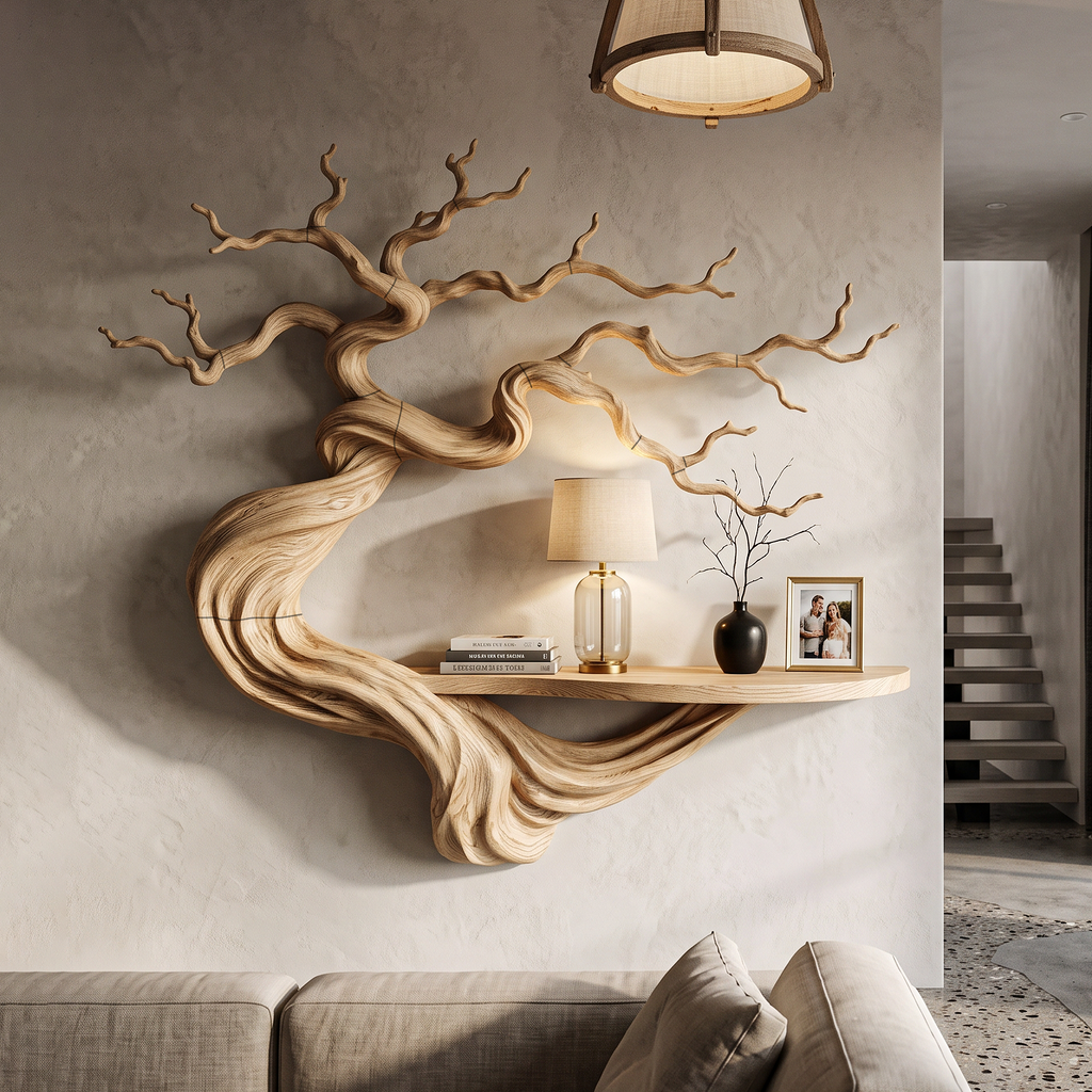 Rustic Wood Bookshelf With Sculptural Tree Branch Design For Reading Room