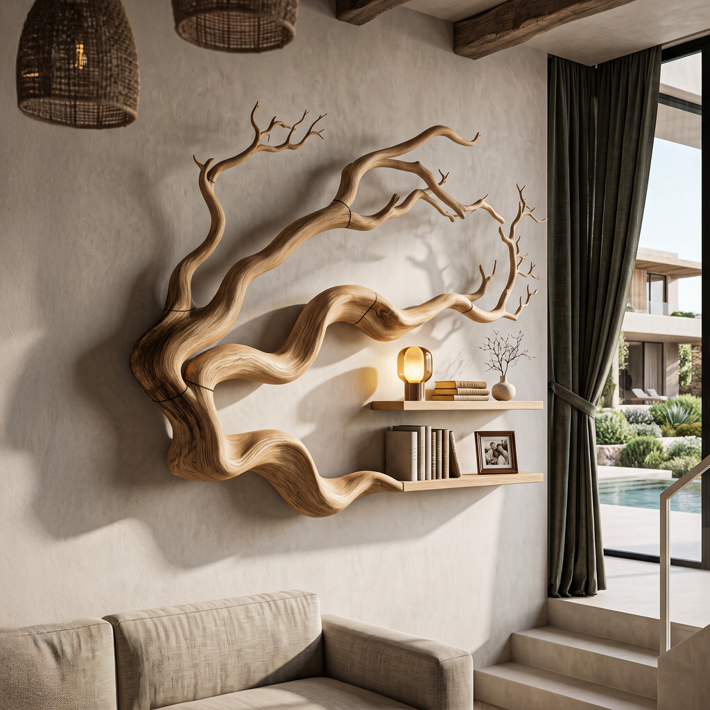 Modern Tree Bookshelf With Natural Branch Silhouette For Living Room