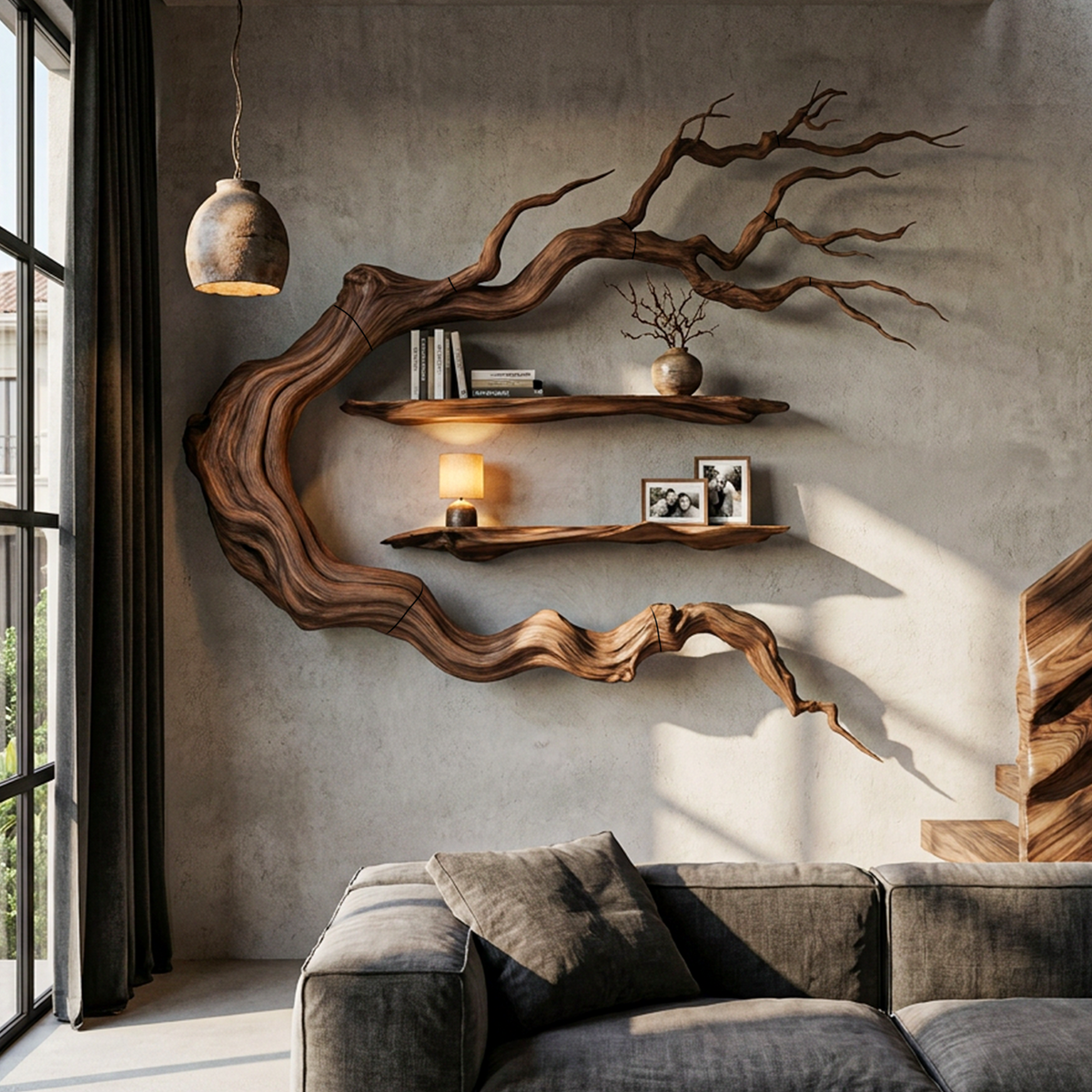 Modern Tree Bookshelf With Sculptural Wall Branch Design For Living Room