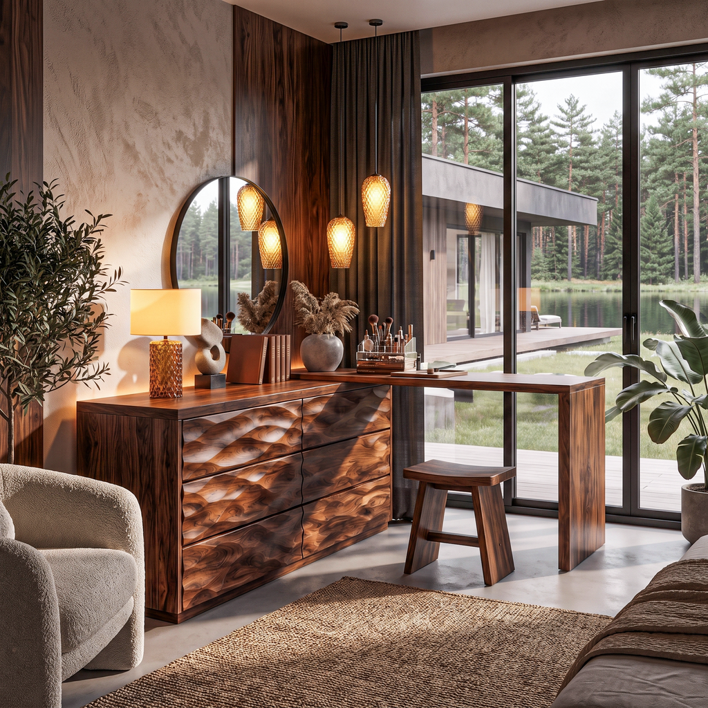 Scandinavian Wooden Dresser With L Shaped Desk Extension For Bedroom