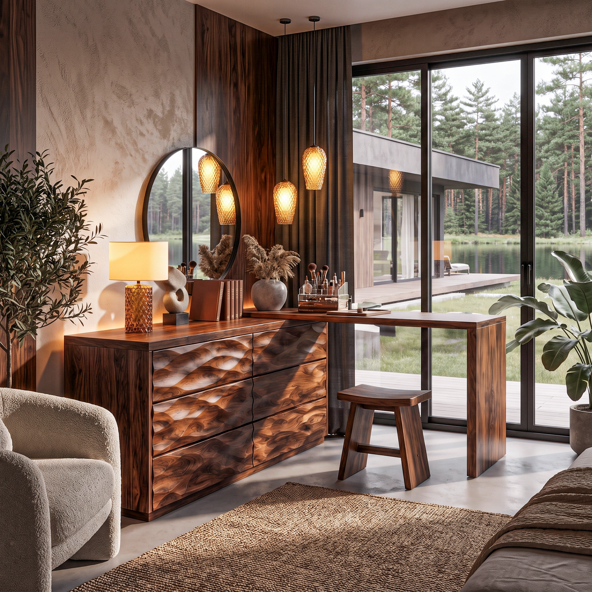 Scandinavian Wooden Dresser With L Shaped Desk Extension For Bedroom