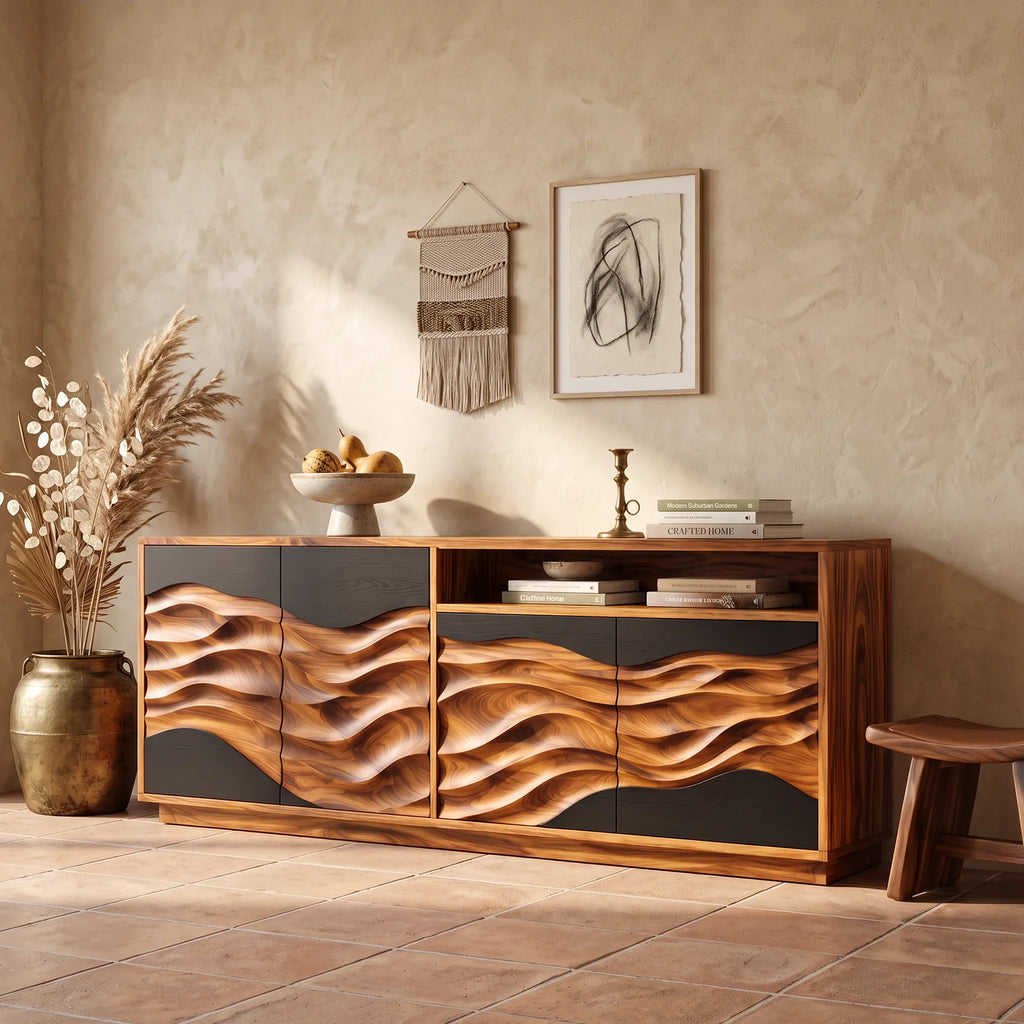 Modern Swirl Carved Sideboard Open Living Room