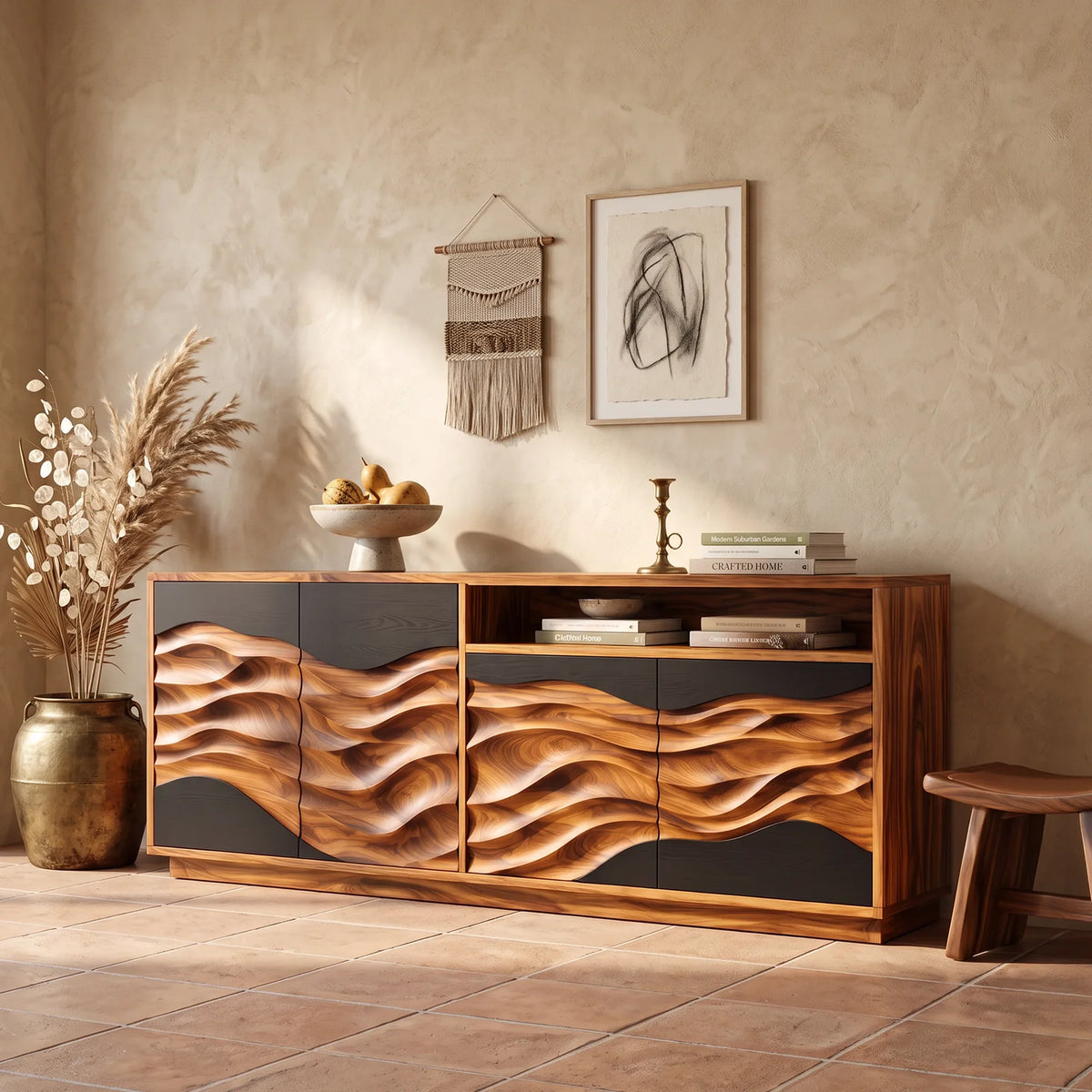 Modern Swirl Carved Sideboard Open Living Room
