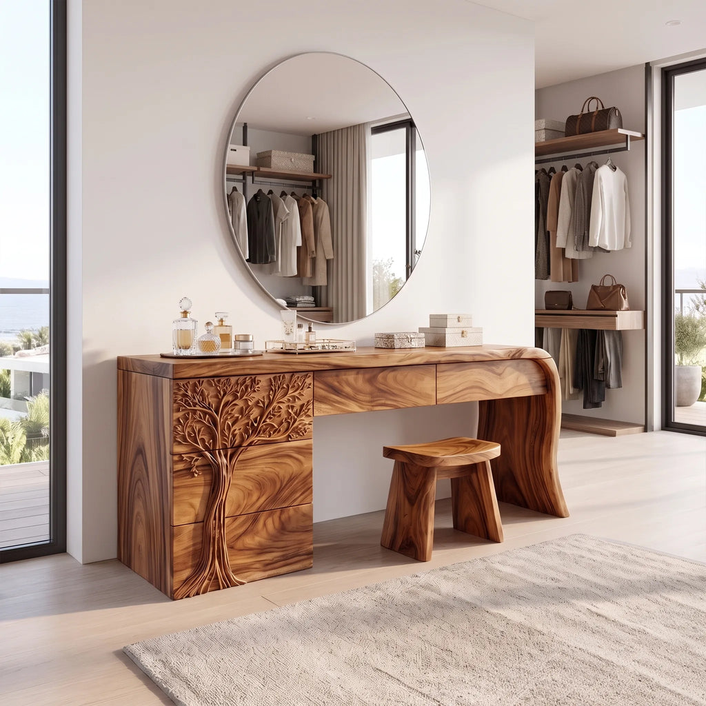 Peaceful Vanity Table Makeup Vanity Desk Tree Carved Drawers For Bedroom