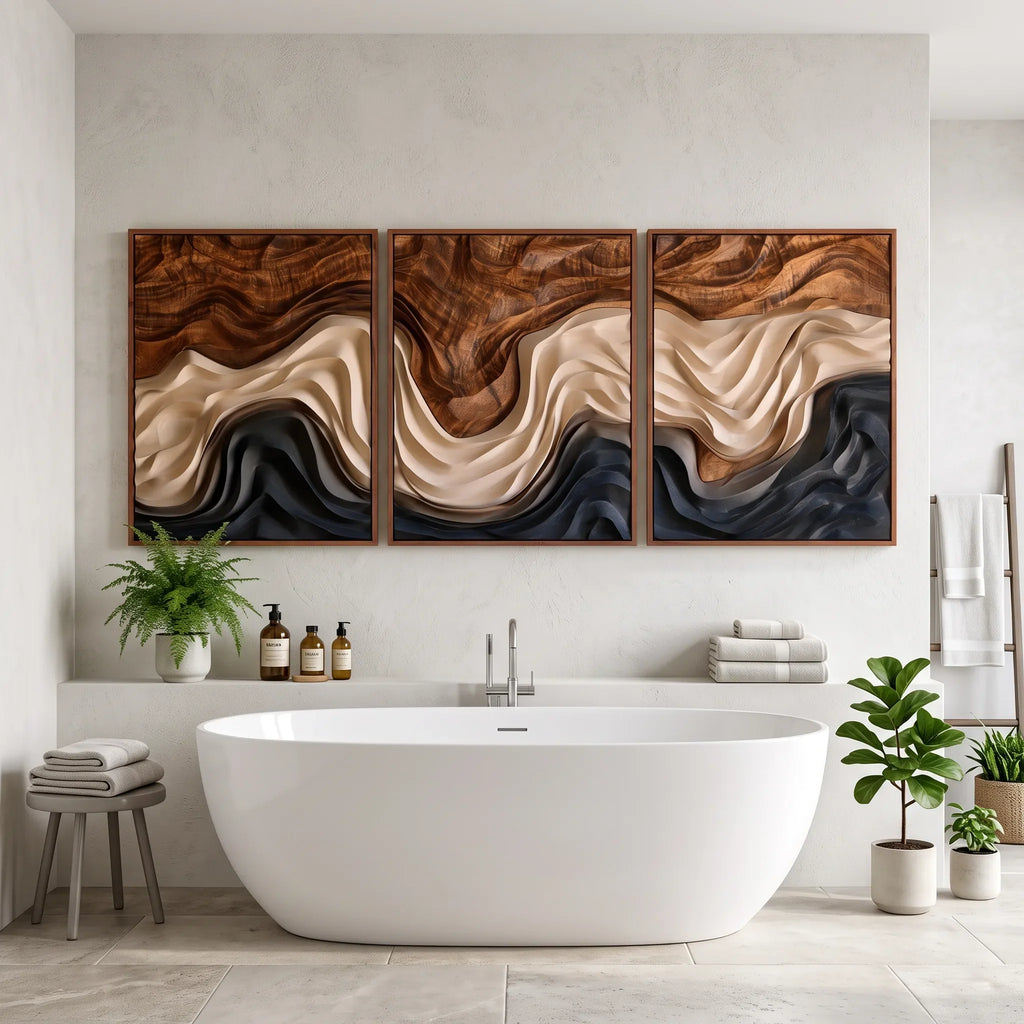 Rustic Layered Wave Triptych Wood Wall Art Spa