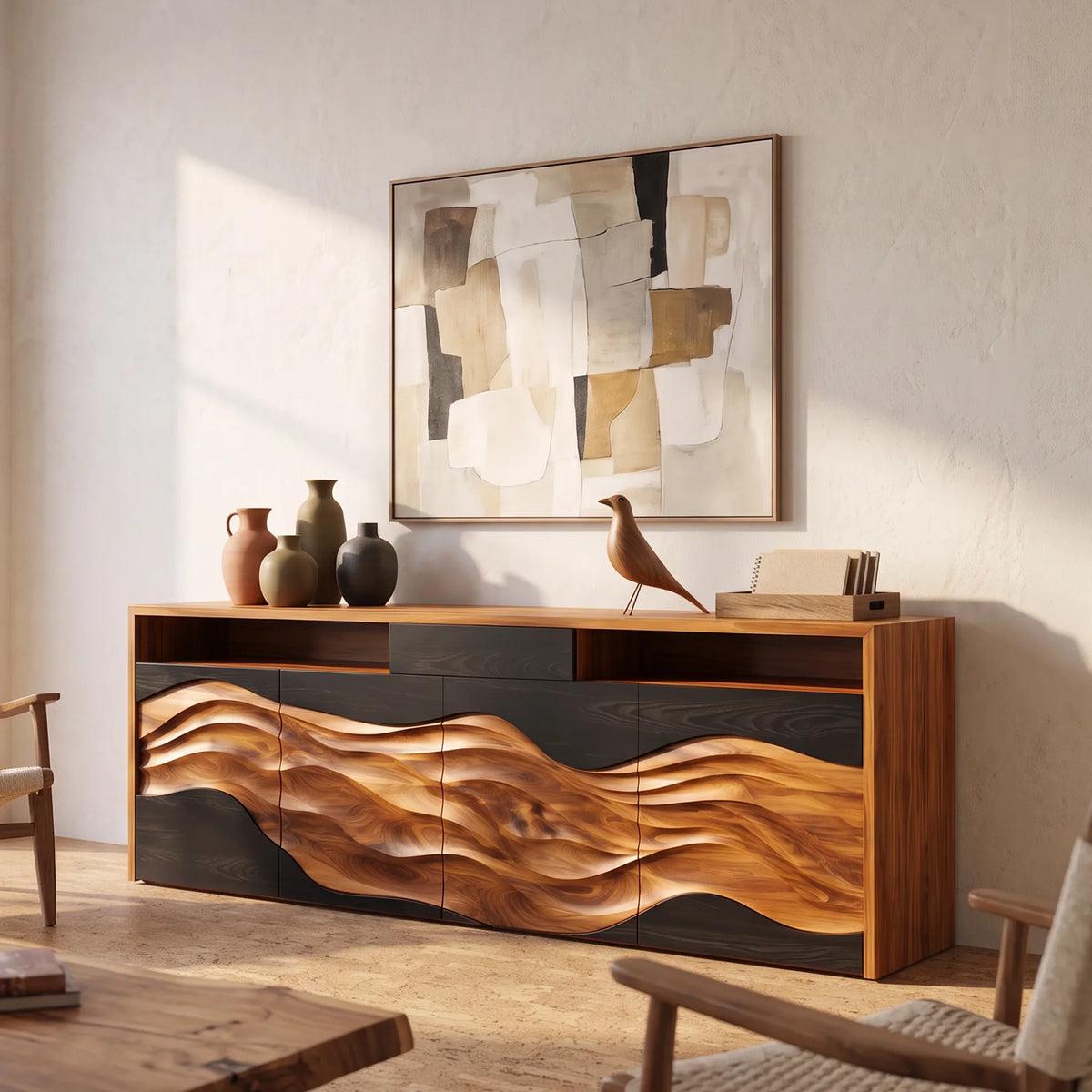 Handcrafted Wave Carved Buffet Modern Dining Room