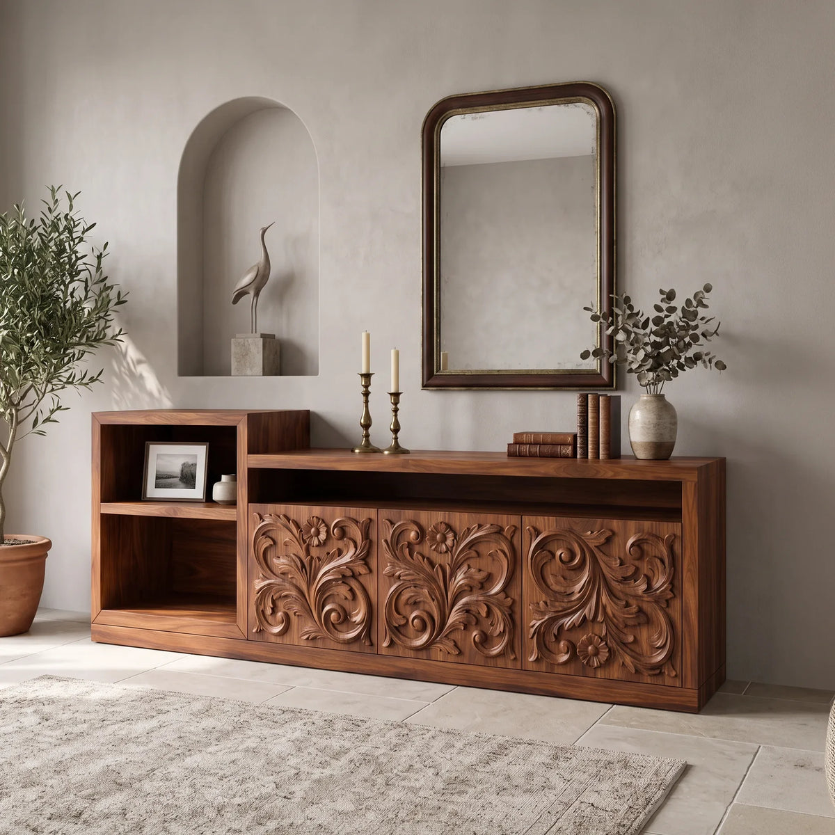 Organic Low Wave Carved Credenza Modern Living Room