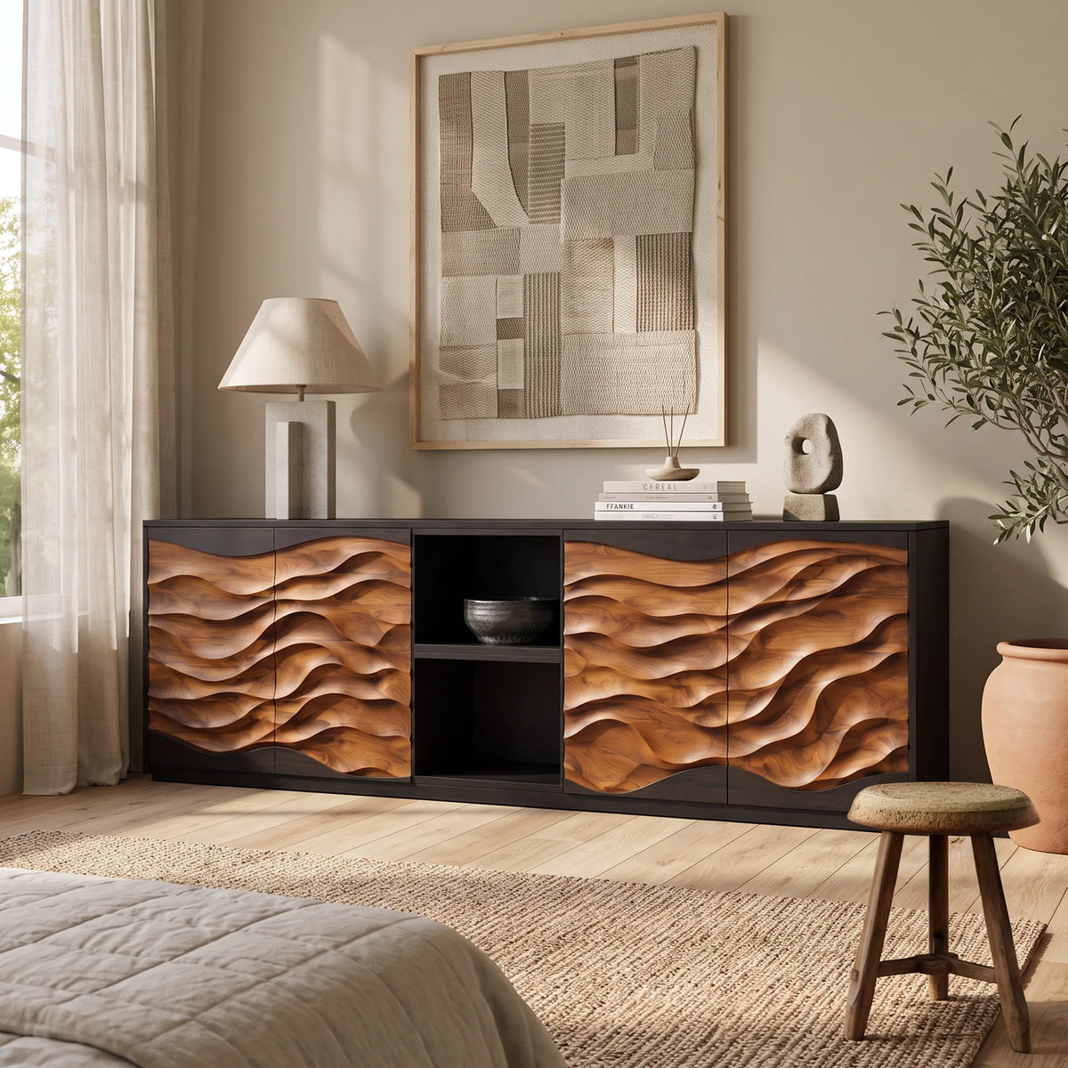 Modern Dune Carved Credenza Open Living Room