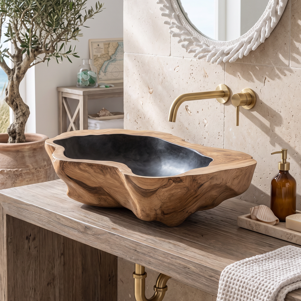 Handcrafted Mid Century Wood Wash Basin For Bathroom
