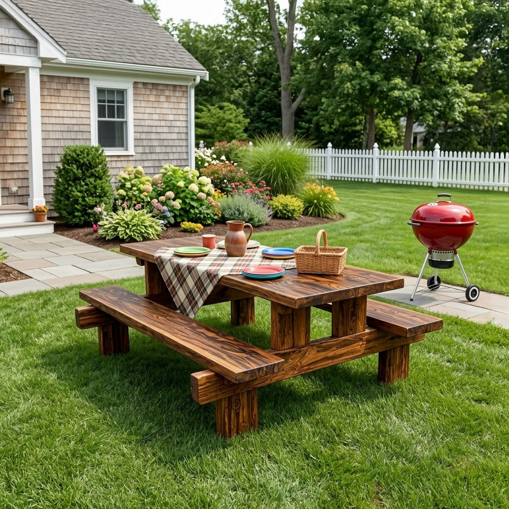 Minimalist Outdoor Picnic Table With Benches For Garden Or Cabin