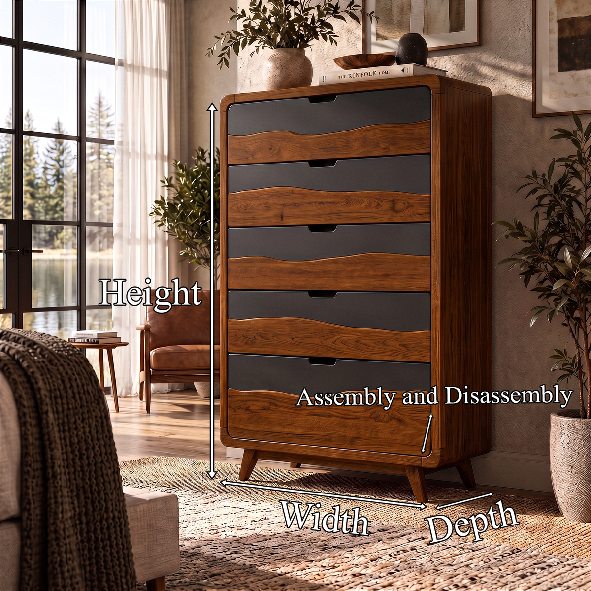Rustic Tall Wooden 5 Drawer Dresser For Modern Farmhouse Bedroom