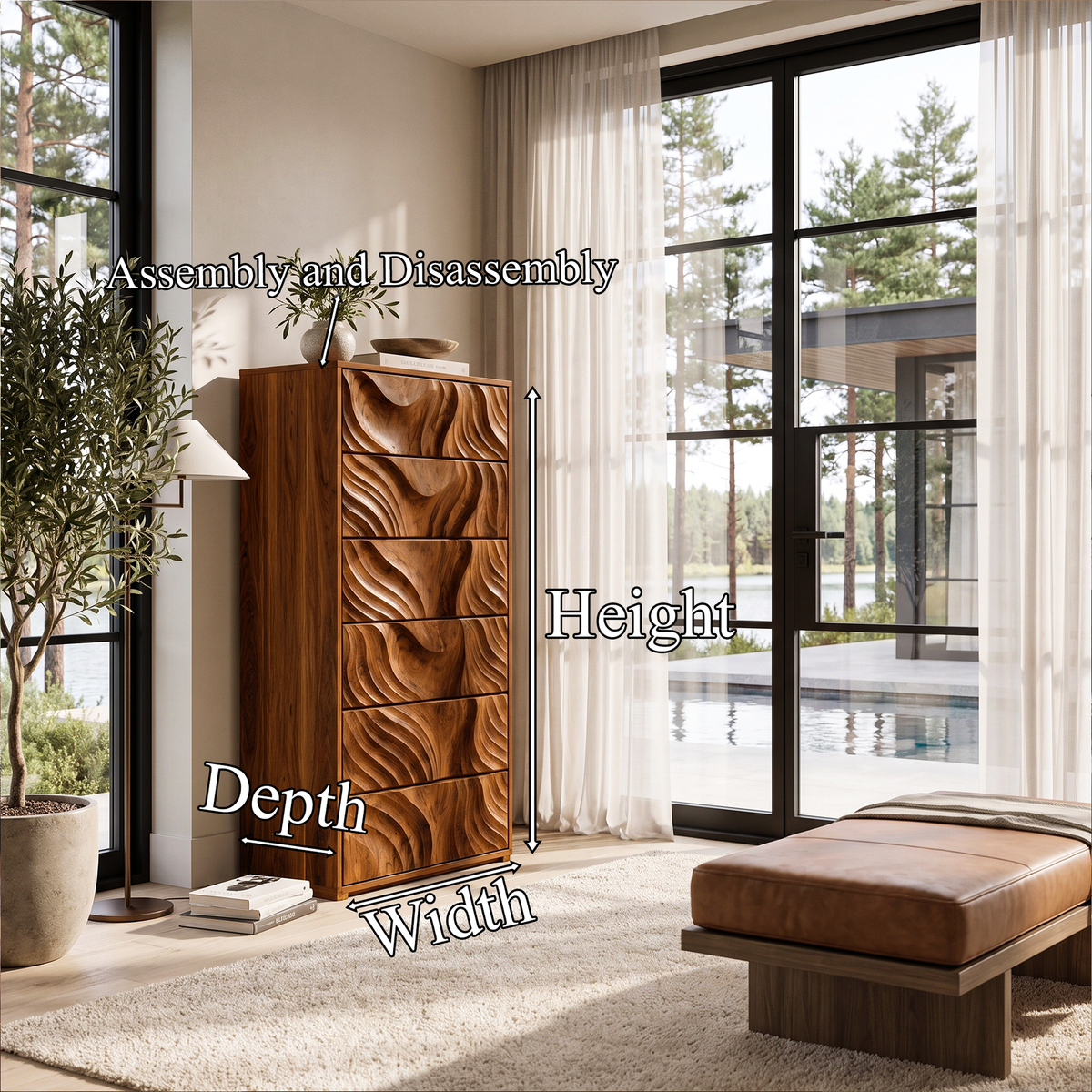 OrganicTall Dresser With Ripple Carved Drawer Fronts For Bedroom