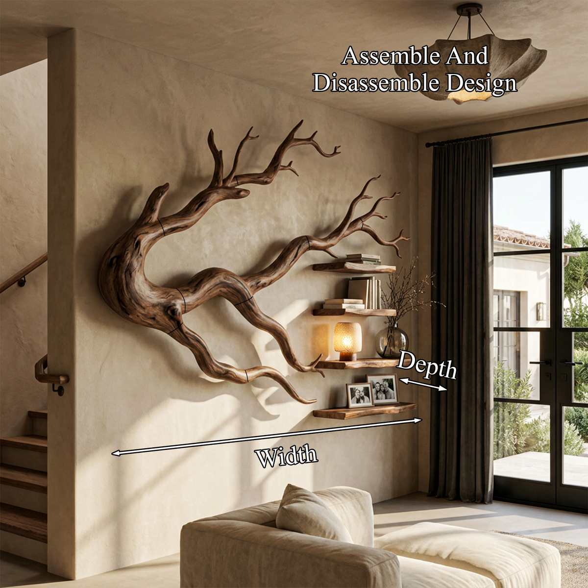 Organic Tree Bookcase With Flowing Wall Mounted Branches For Living Room