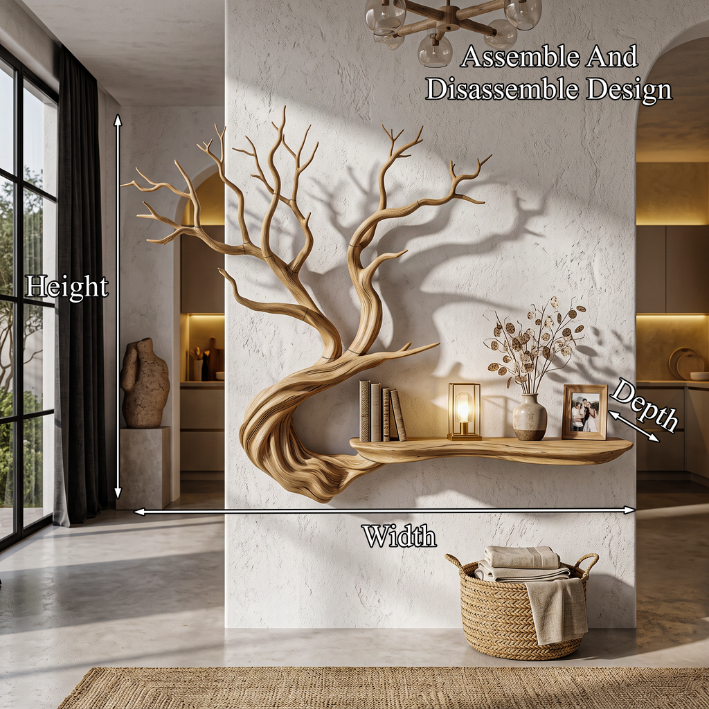 Rustic Tree Bookshelf With Wall Mounted Branch Shelves For Living Room