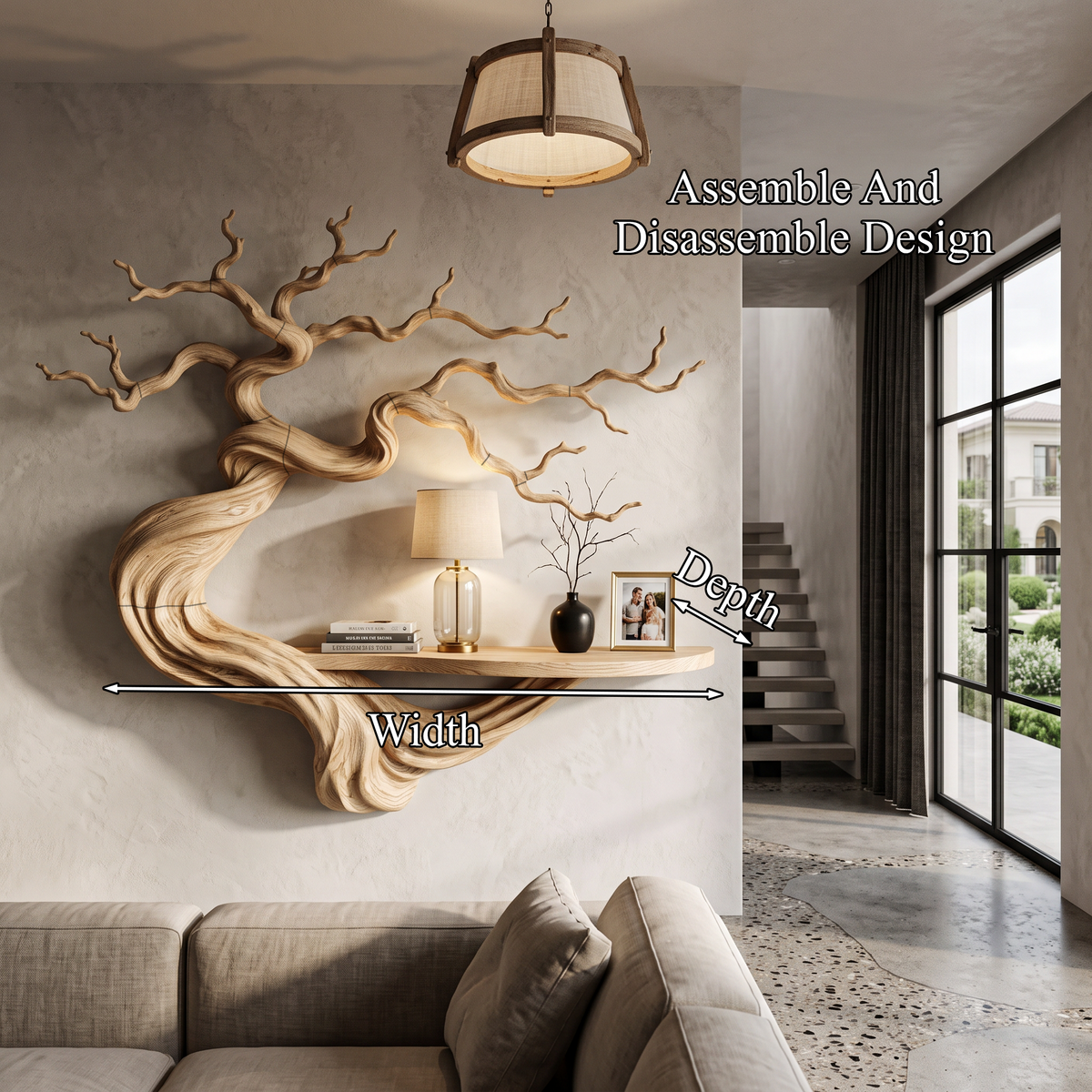 Rustic Wood Bookshelf With Sculptural Tree Branch Design For Reading Room
