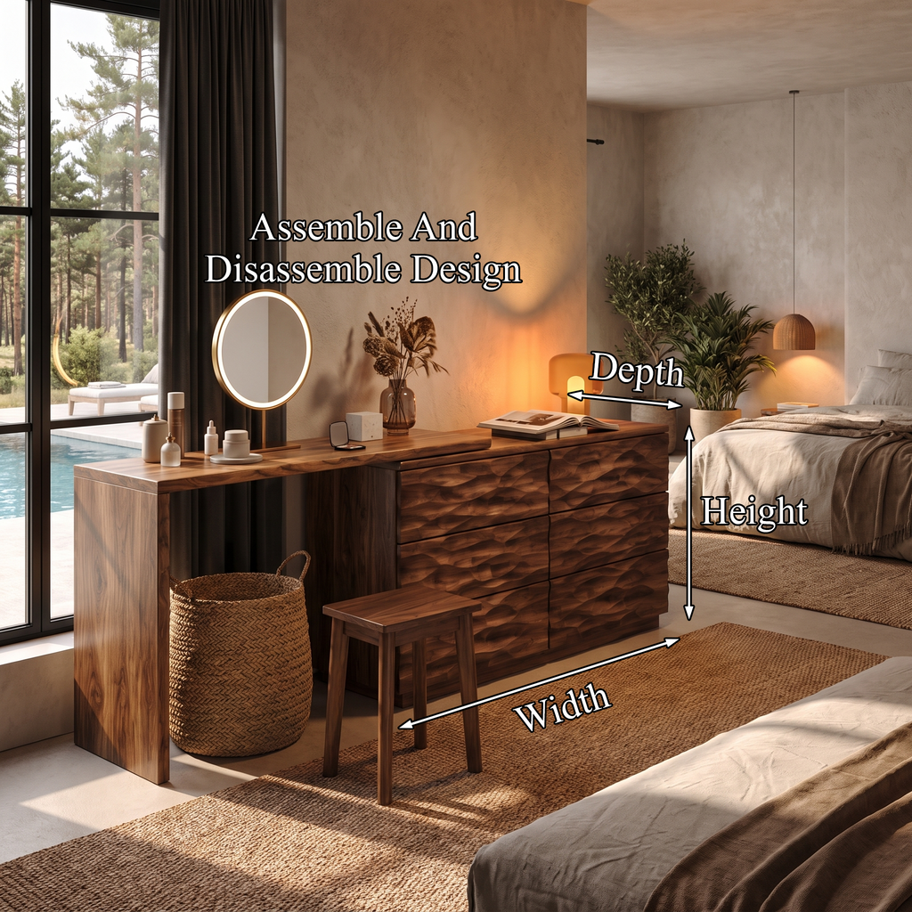 Scandinavian Wooden Dresser With L Shaped Desk Extension For Bedroom
