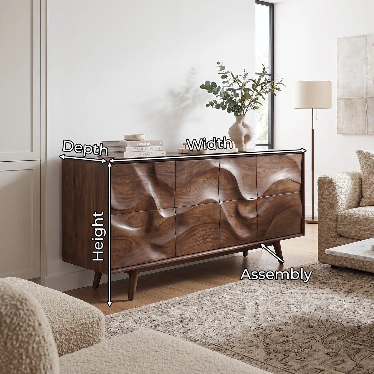 Mid Century Wave Carved Sideboard Living Room