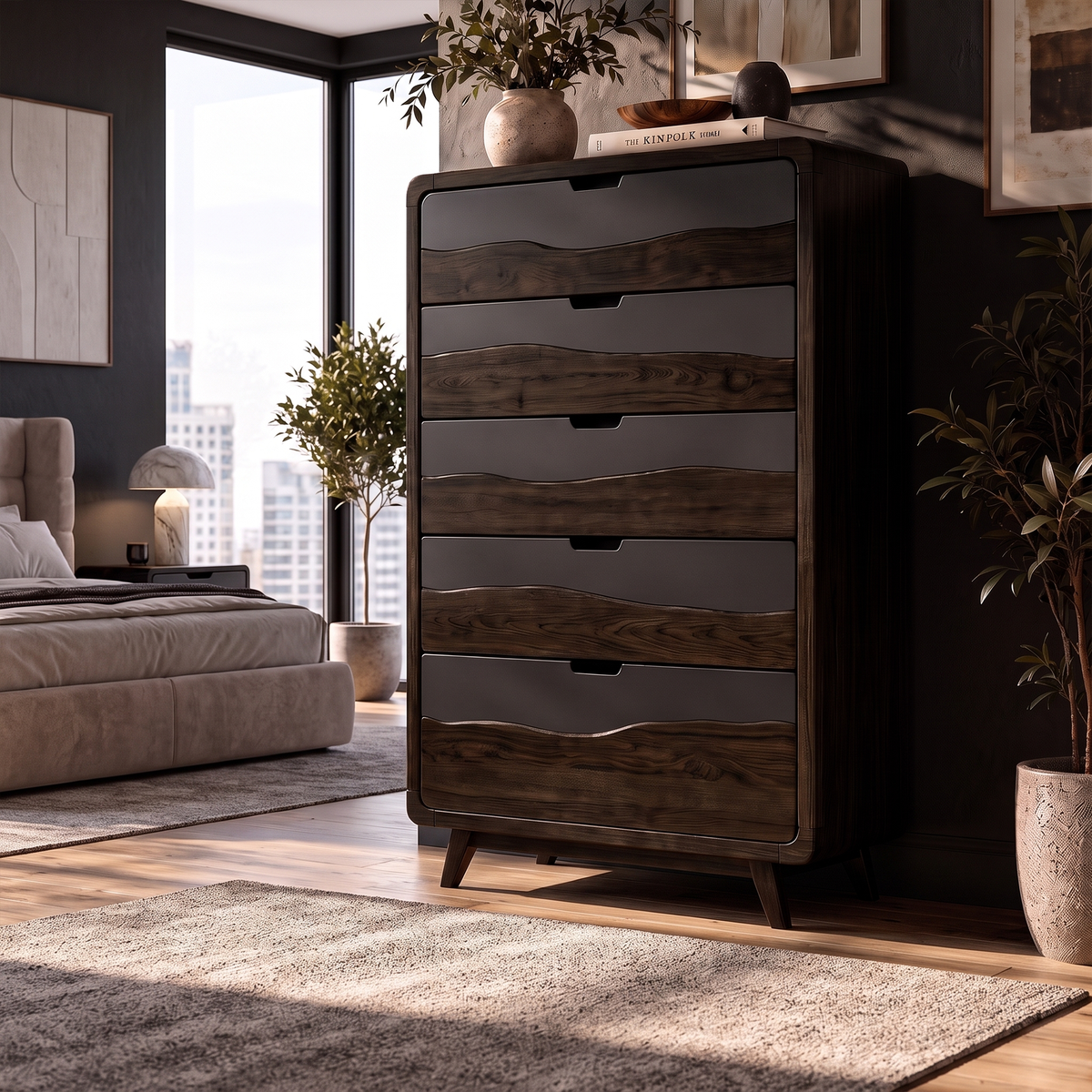 Rustic Tall Wooden 5 Drawer Dresser For Modern Farmhouse Bedroom
