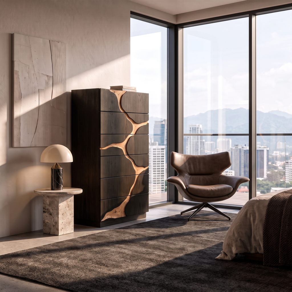 Contemporary Wooden Dresser With Two Tone Carved Panels For Bedroom