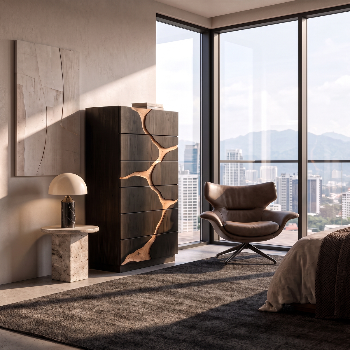 Contemporary Wooden Dresser With Two Tone Carved Panels For Bedroom