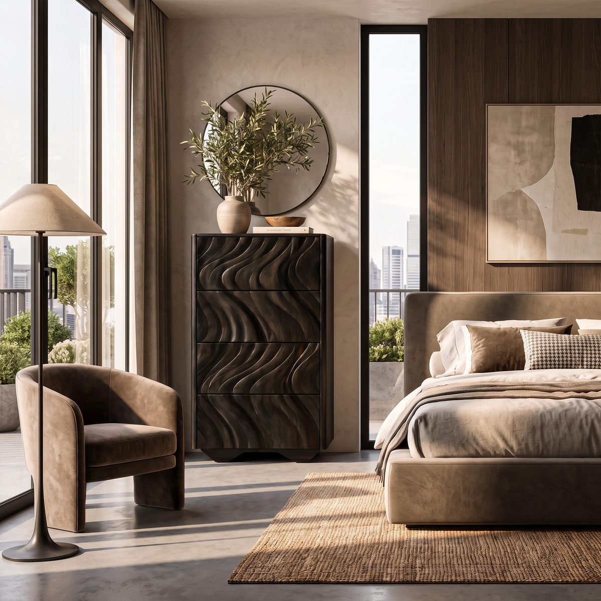 Modern Tall Dresser With Vertical Wave Carving For Bedroom