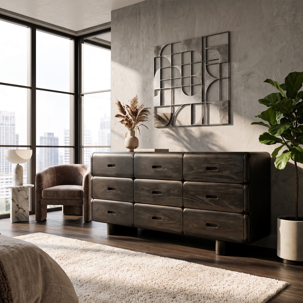 Rustic Solid Wood Dresser With Simple Low Frame For Bedroom