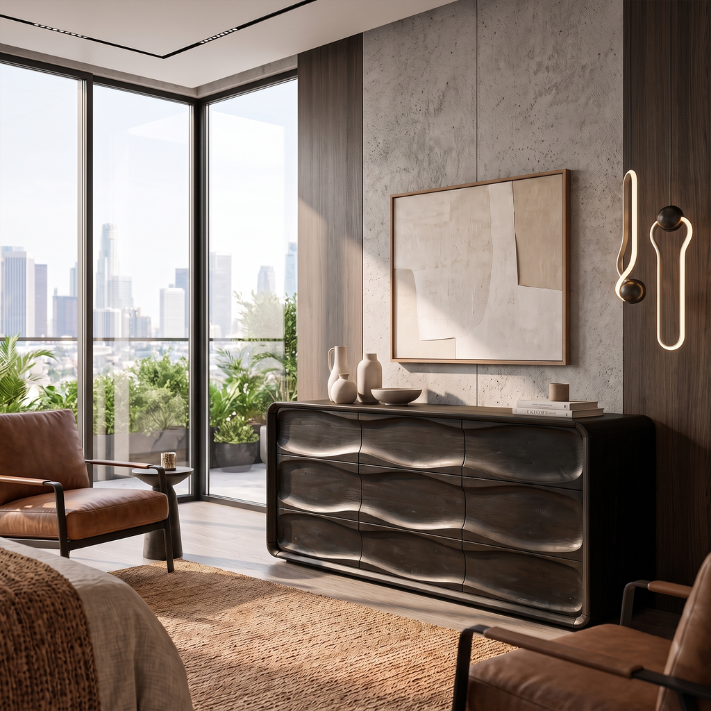 Contemporary Bedroom Dresser With Embossed Grain Front And Curved Corners