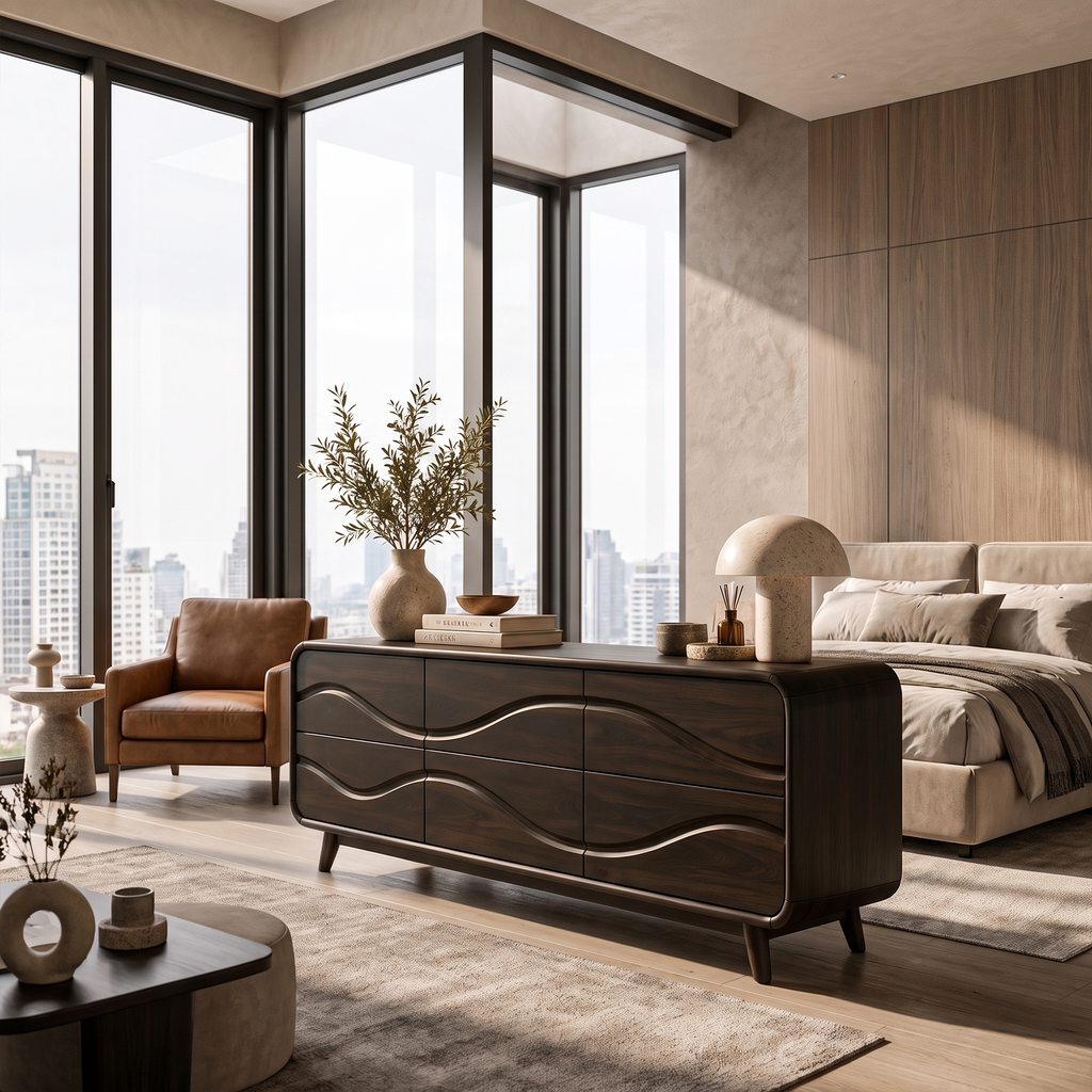 Contemporary Low Dresser With Embossed Grain Front And Curved Corners For Bedroom