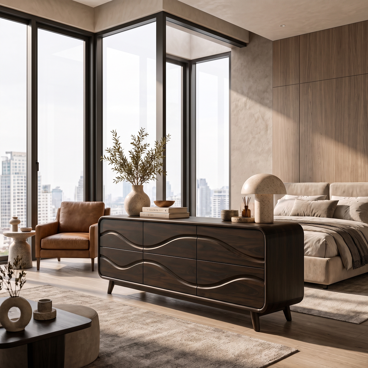 Contemporary Low Dresser With Embossed Grain Front And Curved Corners For Bedroom