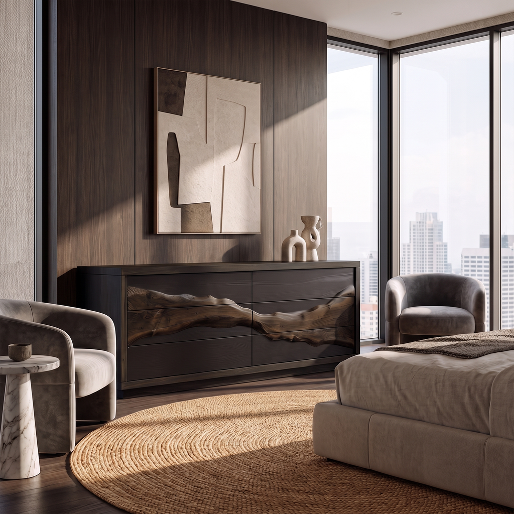 Modern Black Dresser With Contrasting Natural Wood Grain Front For Bedroom